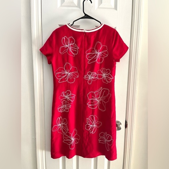 Talbots red and white embroidered linen knee length hibiscus dress- Size 8 - Picture 2 of 6
